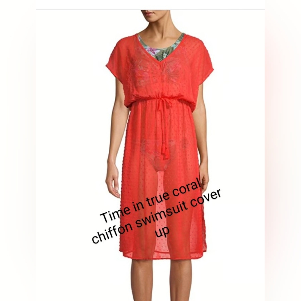 👙New time and tru Coral chiffon swimsuit cover up small 4-6